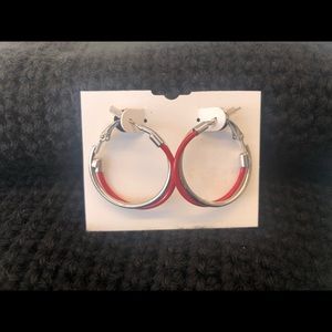 Silver and red hoop earings